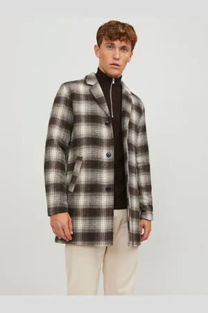 JACK & JONES Hnědý pánský kostkovaný kabát s příměsí vlny Zac - Pánské