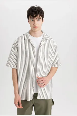 DeFacto Relax Fit Wide Collar Striped Combed Cotton Short Sleeve Shirt