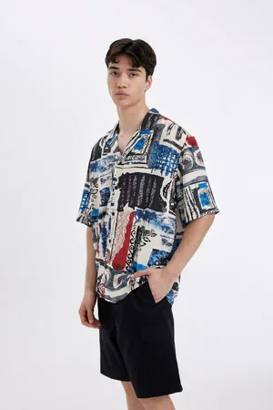 DeFacto Relax Fit Open Collar Patterned Viscose Short Sleeve Shirt