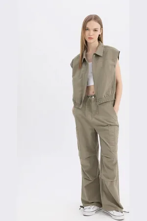 DeFacto Cool Parachute Gabardine Trousers with Tie Waist and Pockets Wide Leg