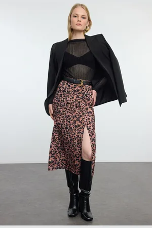 Trendyol Brown Slit Viscose Fabric Animal Pattern Midi Woven Skirt