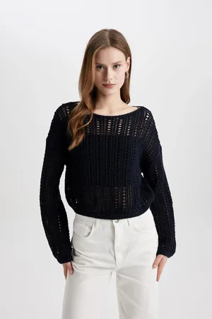 DeFacto Crop Boat Neck Crochet Sweater
