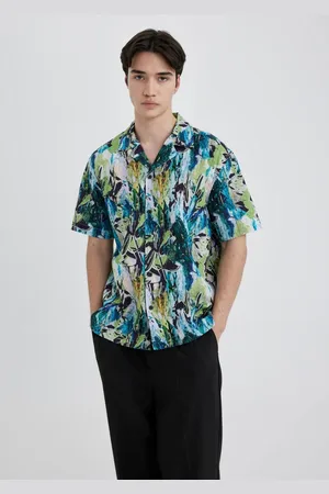 DeFacto Oversize Wide Cut Open Collar Patterned Cotton Short Sleeve Shirt