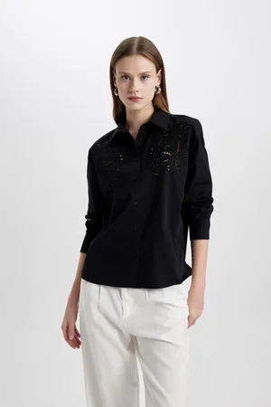 DeFacto Oversize Wide Pattern Hole Poplin Long Sleeve Black Shirt
