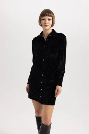 DeFacto Shirt Collar Velor Long Sleeve Mini Dress