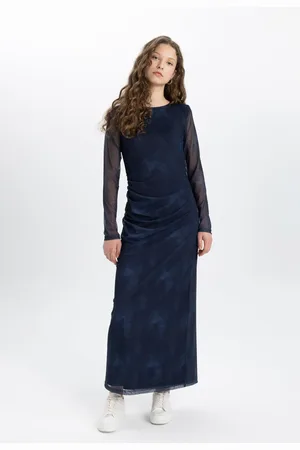 DeFacto Bodycon Fitted Boat Neck Tie Dye Tulle Long Sleeve Midi Dress