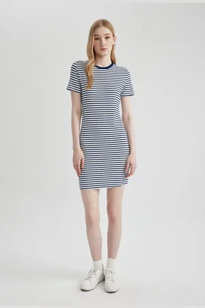 DeFacto Bodycon Bodycon Crew Neck Striped Ribbed Camisole Short Sleeve Mini Dress