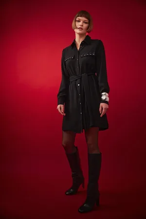 DeFacto Shirt Collar Belted Long Sleeve Mini Crepe Dress