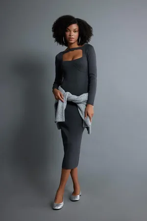 DeFacto Slim Fit Square Neck Long Sleeve Knitted Midi Dress