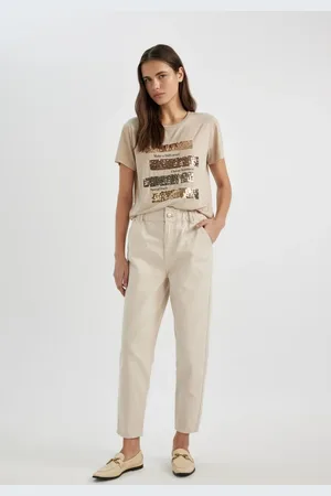 DeFacto Paperbag Gabardine Trousers High Waist Pocket Basic Straight Standard Leg