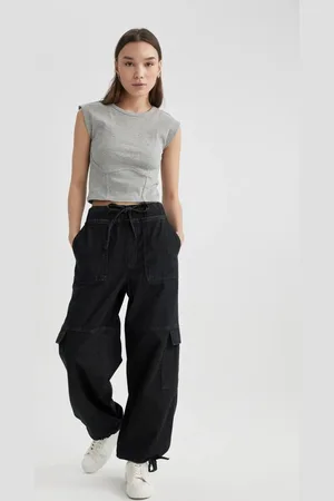 DeFacto Cargo Jogger High Waist Lace-Up Ankle Length Jean Washed Trousers