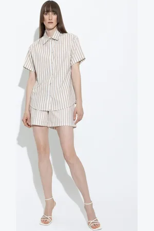 DeFacto High Waist Wide Leg Linen Look Striped 100% Cotton Shorts