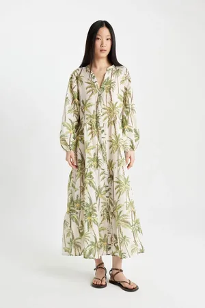DeFacto Fall in Love Patterned Long Sleeve Maxi Beach Dress