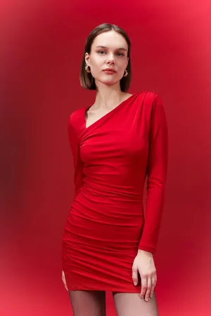 DeFacto Bodycon Bodycon Basic Plain Bateau Neck Draped Long Sleeve Mini Red Dress