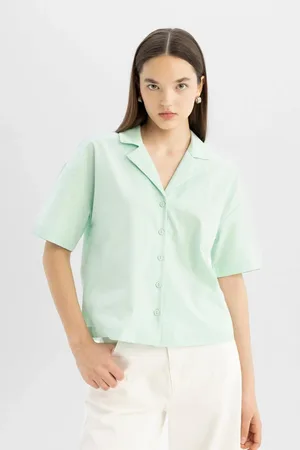 DeFacto Cool Oversize Fit Pajama Collar Flared Cotton Short Sleeve Shirt