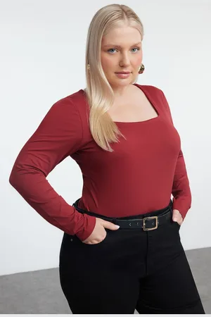 Trendyol Curve Claret Red Premium Square Neck Knitted Plus Size Bodysuit