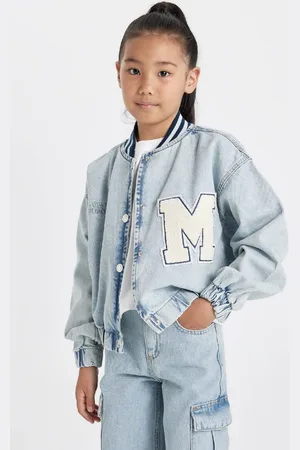 DeFacto Girls Seasonal Denim Bomber Jacket with Snap Closure and Pocket