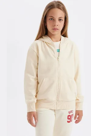 DeFacto Girls Basic Hooded Zippered Pocket Ecru School Cardigan