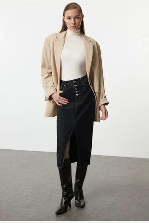 Trendyol Anthracite Front Buttoned Slit Midi Denim Skirt