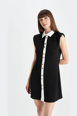 DeFacto Shirt Collar Basic Plain Buttoned Woven Sleeveless Mini Black Dress
