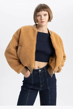DeFacto Plush Bomber Jacket Coat College Collar Zipper Pocket