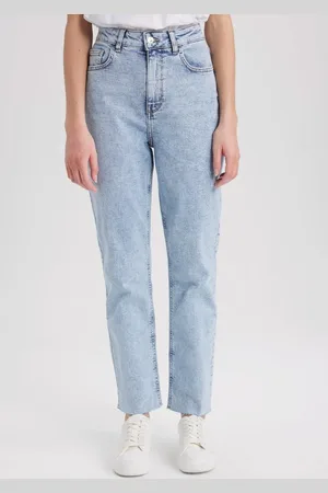 DeFacto Mary Vintage Straight Fit High Waist Cuffed Ankle Length Jean Washed Pants