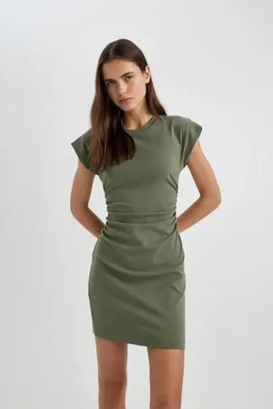 DeFacto Bodycon Round Neck Combed Cotton Bat Sleeve Mini Dress