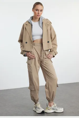 Trendyol Mink Soft Textured Cotton Gabardine Belted Cargo Woven Trousers