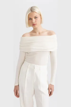 DeFacto Slim Fit Slim Cut Off Shoulder Casual Ribbed Long Sleeve T-Shirt