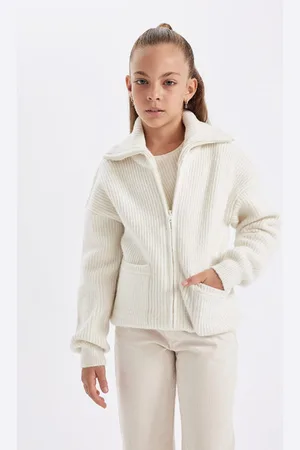 DeFacto Girls Knitwear Basic Stand Collar Pocket Zippered Ecru School Cardigan