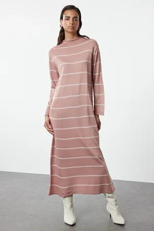 Trendyol Dusty Rose Stand Collar Striped Knit Dress