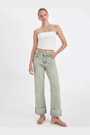 DeFacto Straight Fit High Waist Folded Leg Ankle Length Jean Washed Trousers