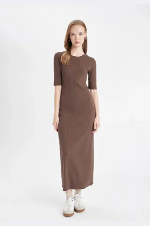DeFacto Bodycon Fitted Crew Neck Basic Plain Ribbed Camisole Short Sleeve Maxi Dress
