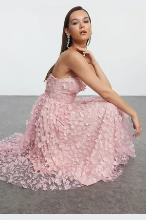 Trendyol Powder A-Cut 3D Flower Detailed Elegant Evening Dress
