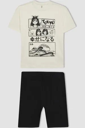 DeFacto Girl 2-Piece Set Crew Neck Printed Short Sleeve T-Shirt Tights