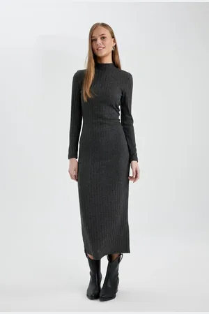 DeFacto Bodycon Bodycon Basic Plain Half Turtleneck Thick Camisole Long Sleeve Maxi Dress