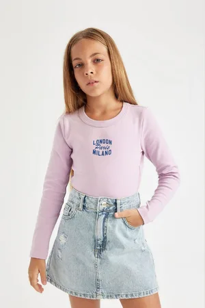 DeFacto Girls Crew Neck Text Printed Ribbed Camisole Long Sleeve T-Shirt