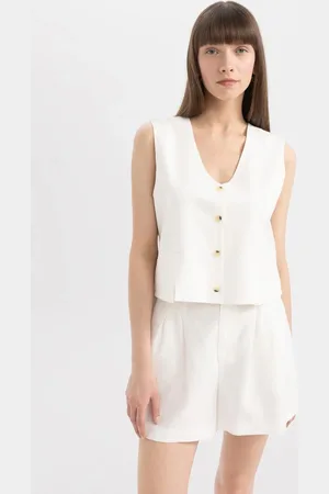 DeFacto V-Neck Linen Blend White Blazer Vest
