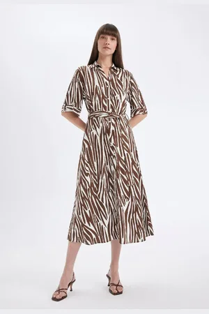 DeFacto Shirt Collar Patterned Linen Blend Short Sleeve Midi Dress