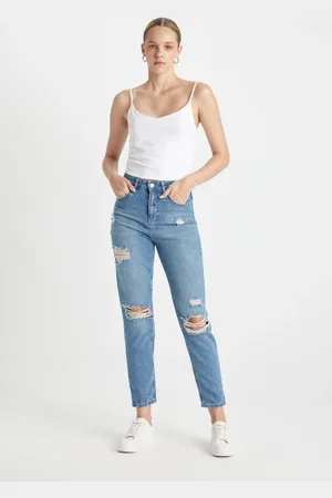 DeFacto Lina Lina Mom Fit Ripped Detailed High Waist Ankle Length Jean Washed Trousers