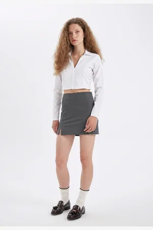 DeFacto High Waist Basic Plain Cotton Slit Lined Mini Skirt