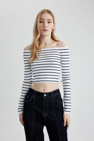 DeFacto Slim Fit Crop Striped Open Shoulder Knitwear Sweater