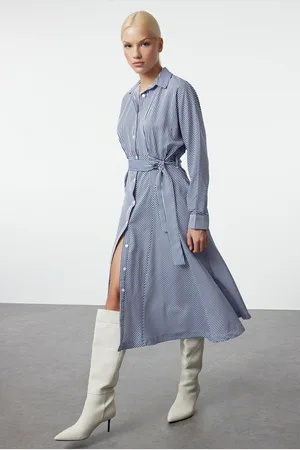 Trendyol Blue Belted Striped Midi Woven Shirt Dress
