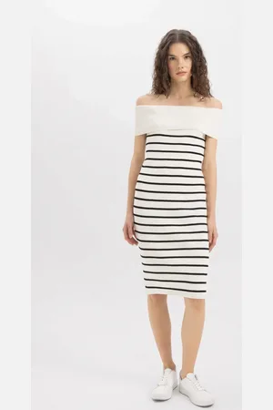 DeFacto Fitted Striped Off Shoulder Knit Midi Dress