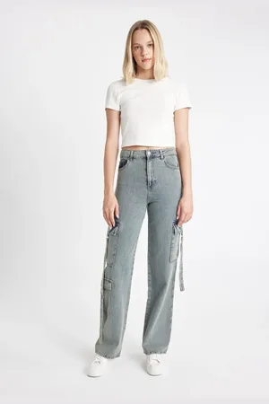 DeFacto Wide Leg Cargo High Waist Long Soft Jean Washed Trousers