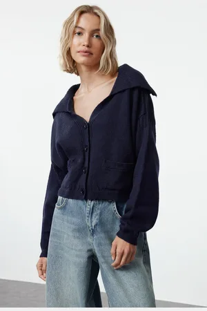 Trendyol Navy Blue Crop Wide Pattern Soft Texture Turn-down Collar Knitwear Cardigan