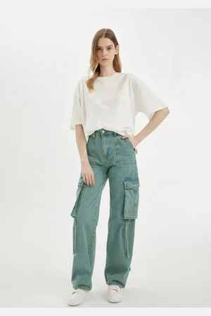DeFacto Wide Leg Cargo High Waist Long Jean Washed Trousers
