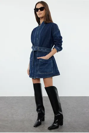 Trendyol Dark Blue Color Block Belted Oversize Denim Jacket