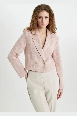 DeFacto Crop Jacket Collar Button Closure Tweed Short Blazer Jacket