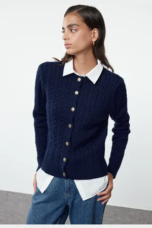 Trendyol Navy Blue Premium Yarn/Special Yarn Knit Detail Jacket Look Knitwear Cardigan